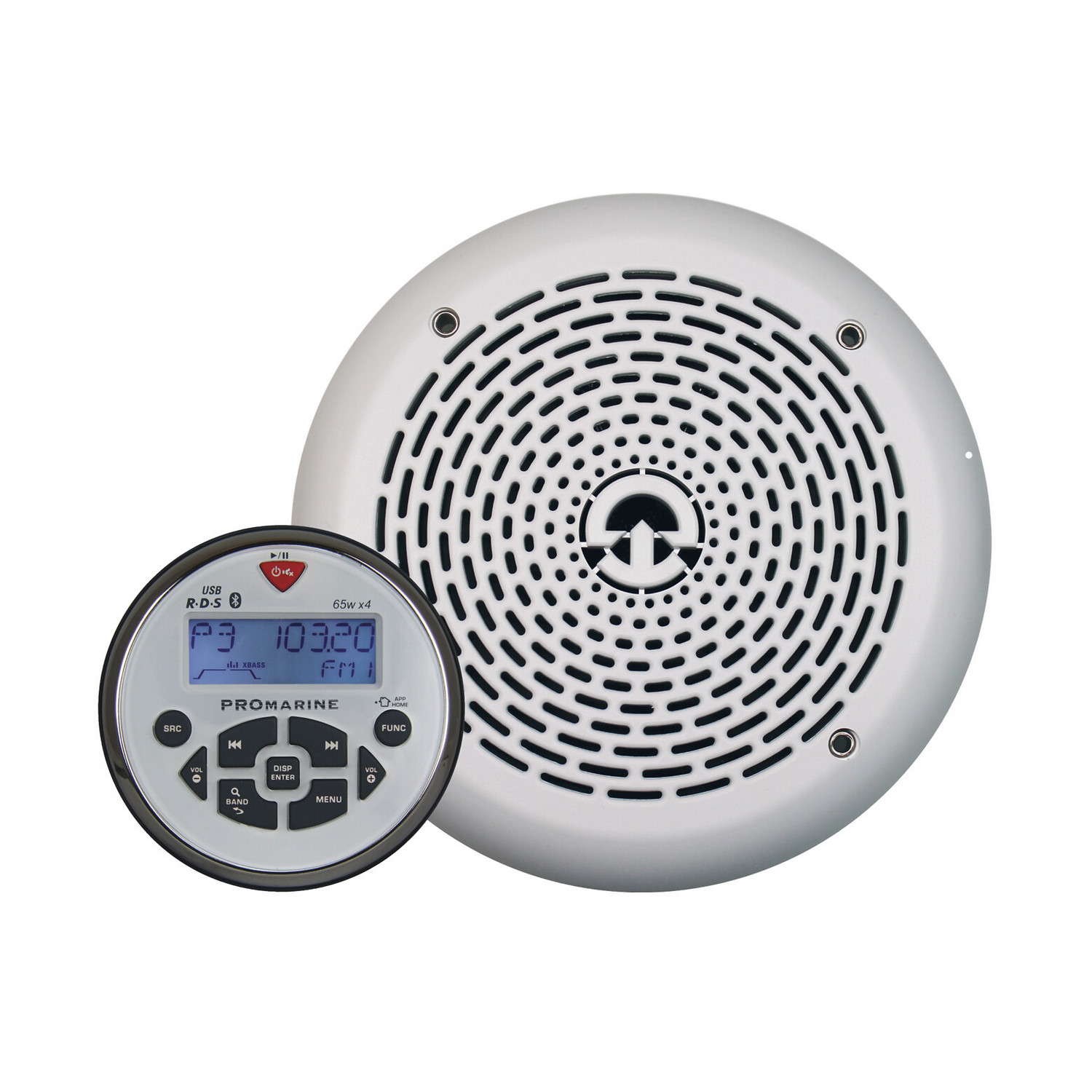 Радиоприёмник судовой LTC PROMarine 1111 3101 18 частот усилитель Mosfet 4x65Вт Bluetooth/USB/AUX IP67 с динамиками Marine Quality 1852 Ø194мм 120Вт белый