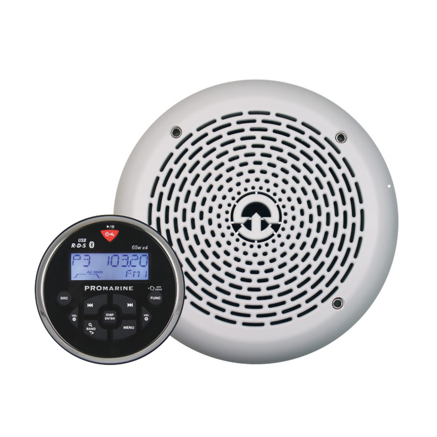 Радиоприёмник судовой LTC PROMarine 1111 3100 18 частот усилитель Mosfet 4x65Вт Bluetooth/USB/AUX IP67 с динамиками Marine Quality 1852 Ø194мм 120Вт черный