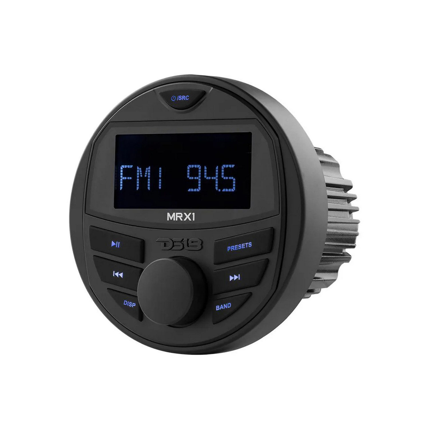 Радиостанция DS18 MRX1 Ø115мм 10,7мГц/450кГц 12В 10А 4-2Ом 4x15-4x20Вт IP65 FM/AM сопряжение Bluetooth USB-соединение ЖК-дисплей с клавишами RGB черная