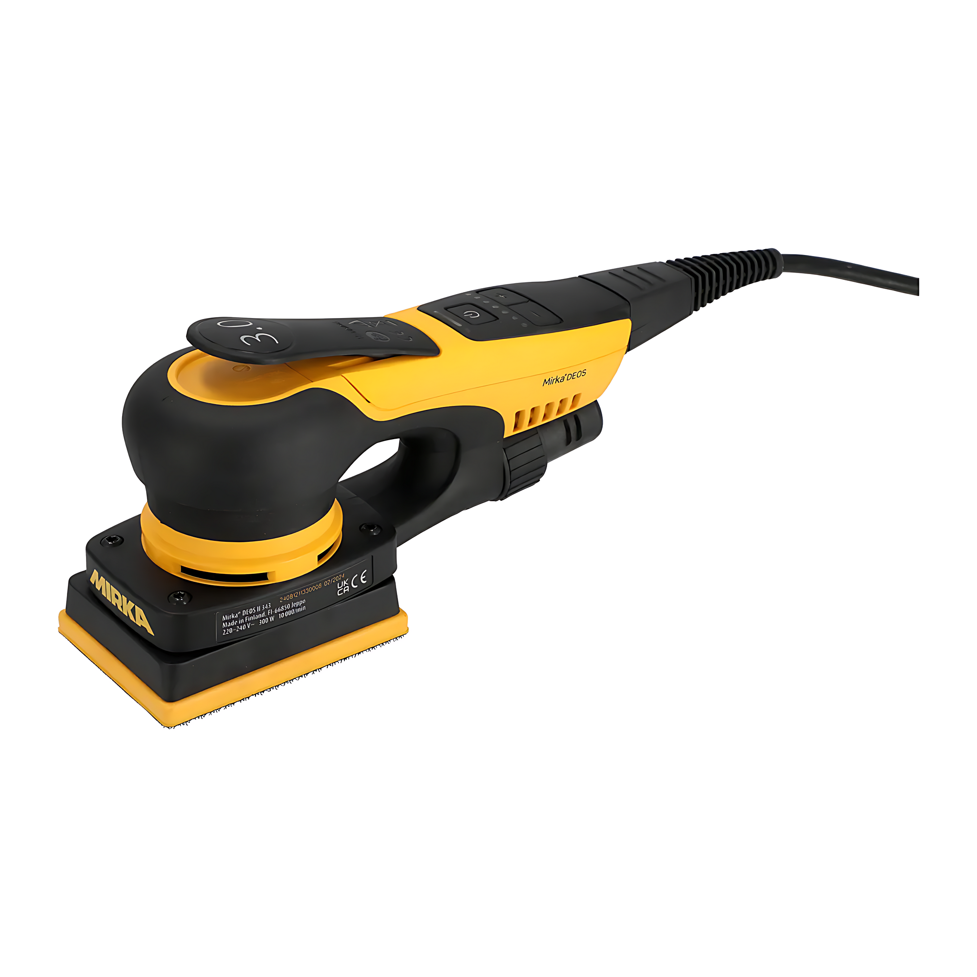 Электрическая орбитальная шлифовальная машинка Mirka Deos II 343 MID3434044 5000-10000об/мин 220-240В 300Вт тарелка 75x100мм ход 3мм уровень шума 70дБ уровень вибрации 3,3м/с²