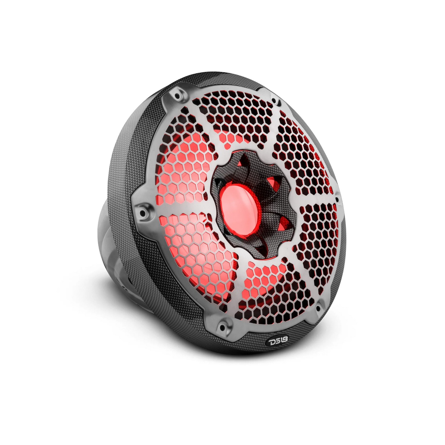 Сабвуфер DS18 CF-10SUB Ø254мм 35–250Гц 300-600Вт 2-4Ом IP65 светодиодная RGB-подсветка глянцевый из углеродного волокна чёрного цвета