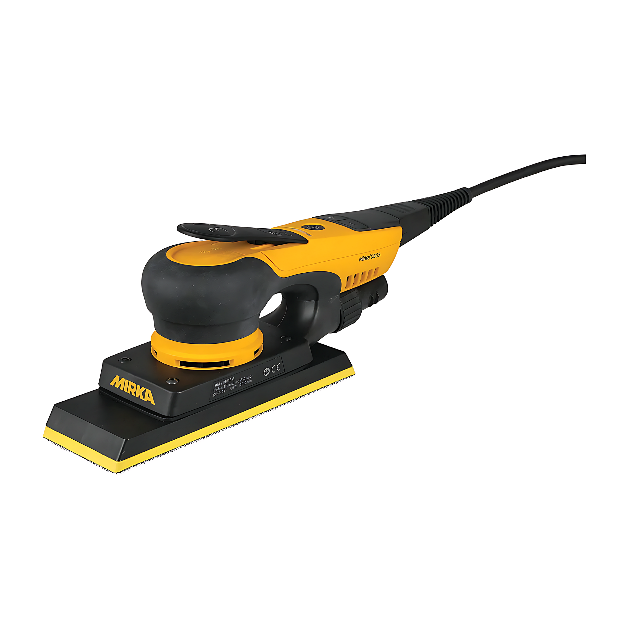 Электрическая орбитальная шлифовальная машинка Mirka Deos 383CV MID3830201 5000-10000об/мин 220-240В 250Вт тарелка 70x198мм ход 3мм уровень шума 71дБ уровень вибрации 2,6м/с²