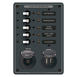 Панель выключателей Blue Sea Traditional Metal 8120 12В 50А 5 автоматов/2 USB/1 розетка прикуривателя 133x190,5мм